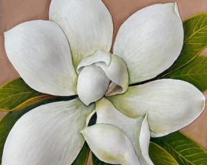 Weiße Magnolie - Punzieren auf Leder, Acryl - 30 cm x 30 cm